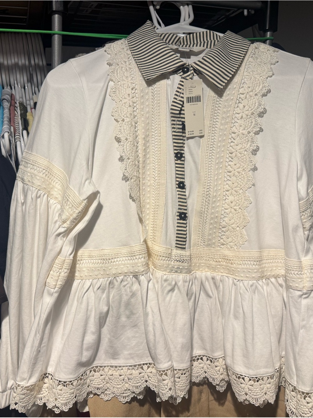 Maeve 100% Cotton Lace Placket Blouse - M - Bright White